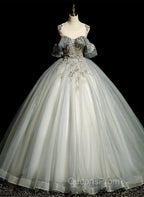 Green Tulle Off Shoulder Ball Gown Beaded Sweet 16 Dress, Green Tulle Formal Dress