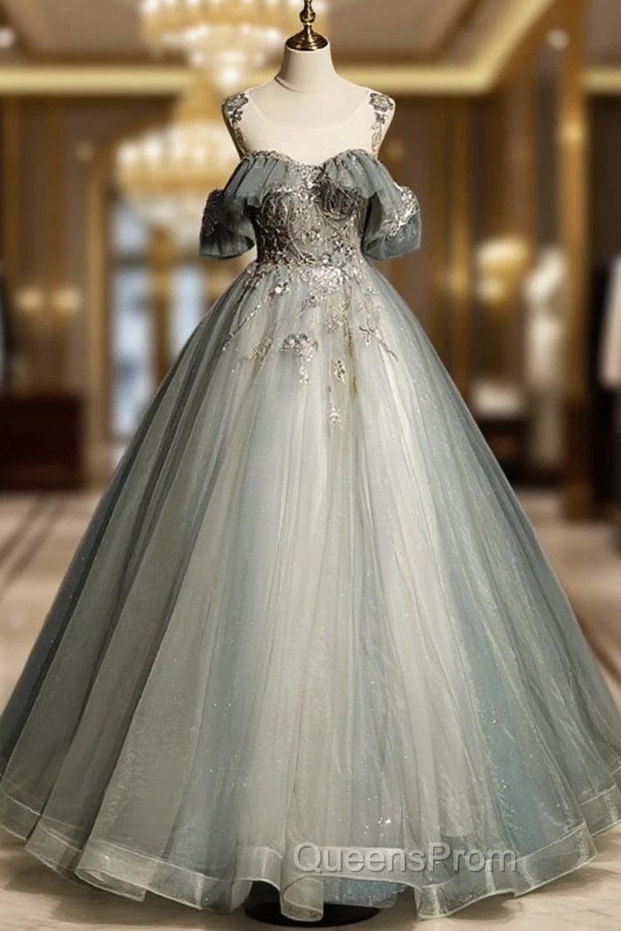 Green Tulle Off Shoulder Ball Gown Beaded Sweet 16 Dress, Green Tulle Formal Dress Main image