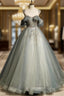 Green Tulle Off Shoulder Ball Gown Beaded Sweet 16 Dress, Green Tulle Formal Dress