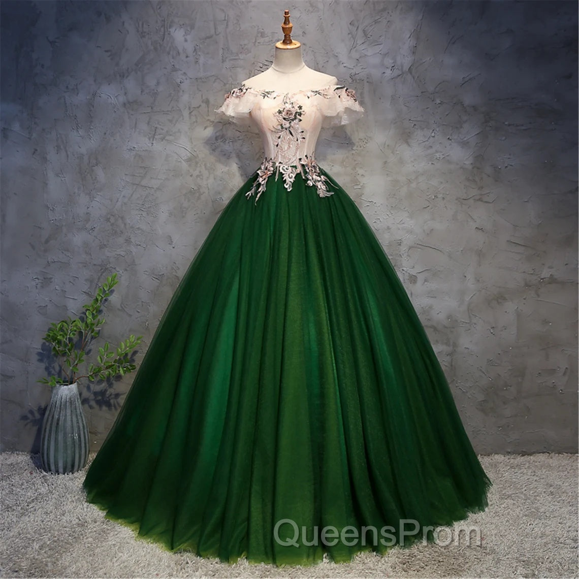 Green Tulle Off Shoulder Long Formal Dress With Lace, Sweet 16 Gown