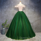 Green Tulle Off Shoulder Long Formal Dress With Lace, Sweet 16 Gown
