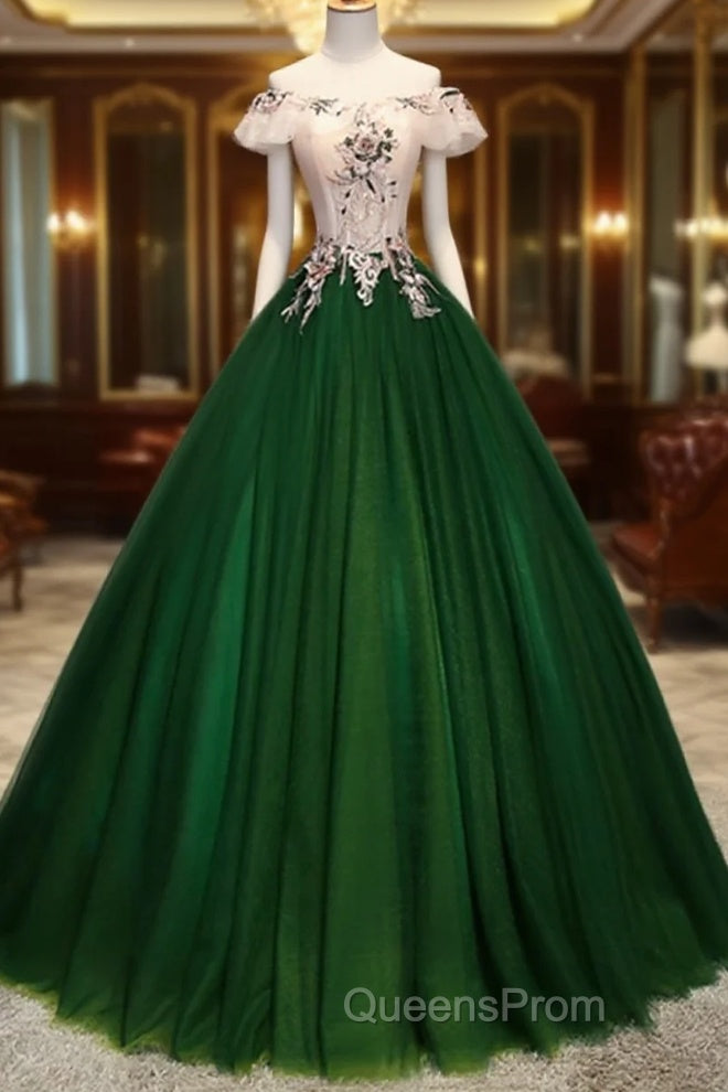 Green Tulle Off Shoulder Long Formal Dress With Lace, Sweet 16 Gown Main image