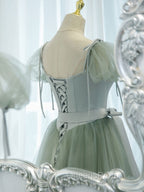 Green Tulle Off Shoulder Long Evening Prom Dress, Green Tulle Evening Dress