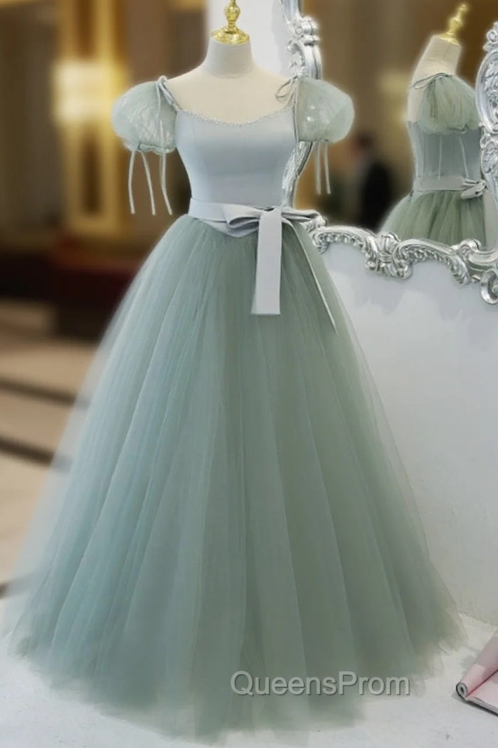 Green Tulle Off Shoulder Long Evening Prom Dress, Green Tulle Evening Dress Main image