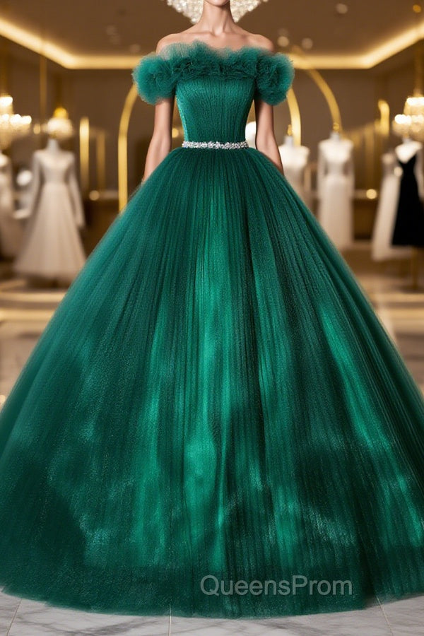 Green tulle off shoulder long Evening Prom Dress green tulle formal gown Main image