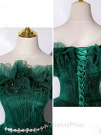 Green tulle off shoulder long Evening Prom Dress green tulle formal gown