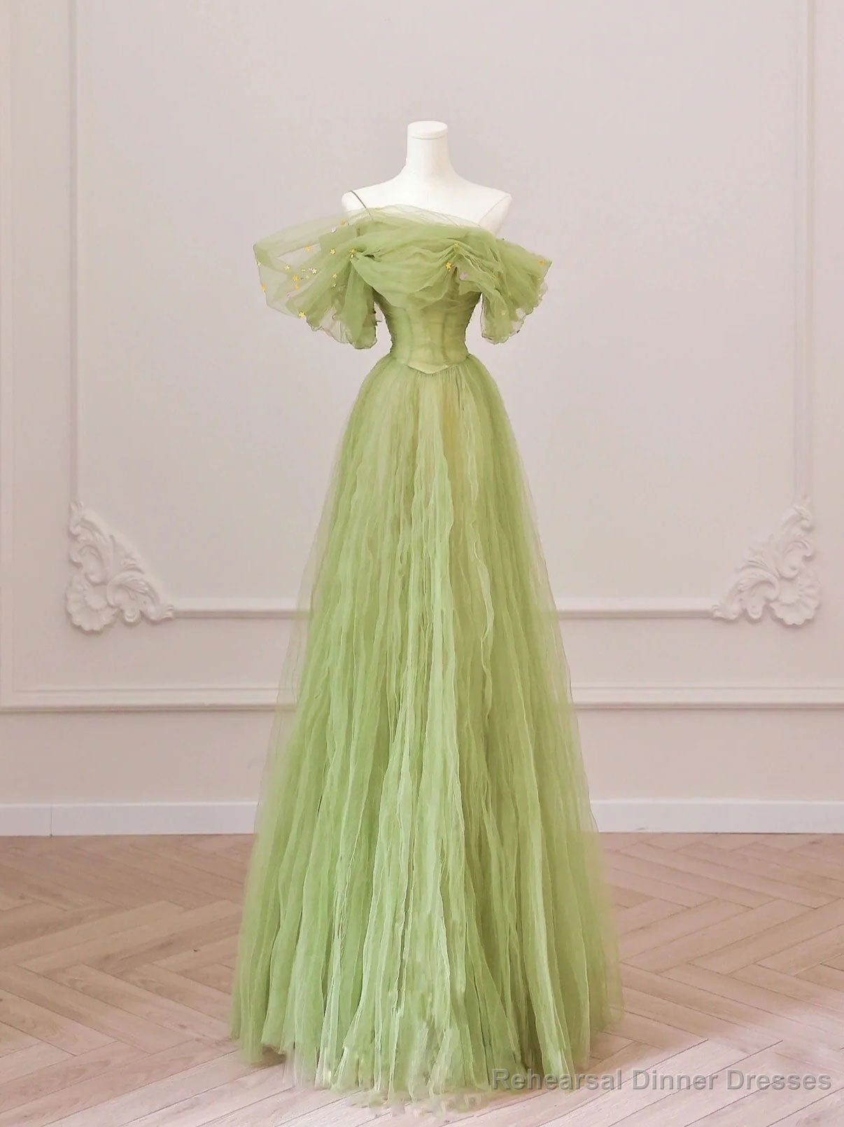 Green Tulle Off Shoulder Long Prom Dresses, Green Tulle Formal Evening Dress Main image