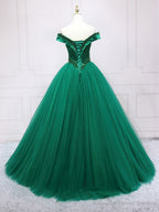 Green Tulle Off Shoulder Tulle Beads Long Prom Dress, Green Formal Graduation Dresses