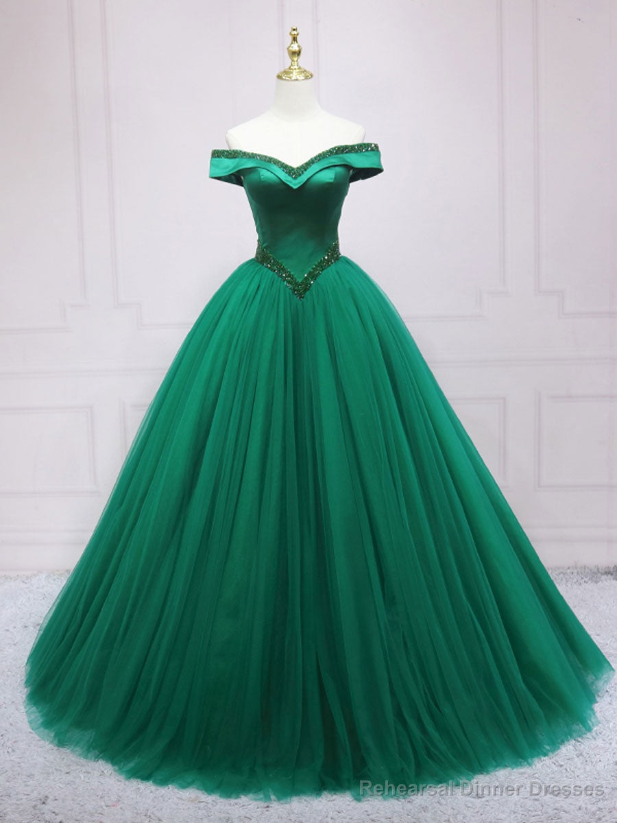 Green Tulle Off Shoulder Tulle Beads Long Prom Dress, Green Formal Graduation Dresses Main image