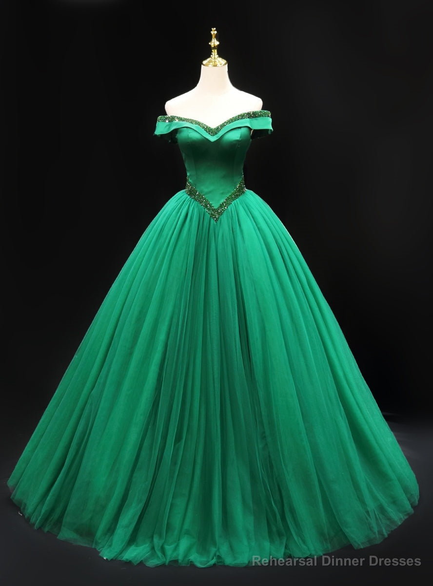 Green Tulle Off the Shoulder Beading Prom Dress Main image