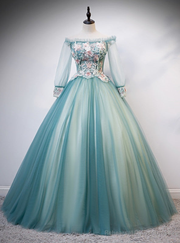 Green Tulle Off the Shoulder Long Sleeve Appliques Quinceanera Dress Main image