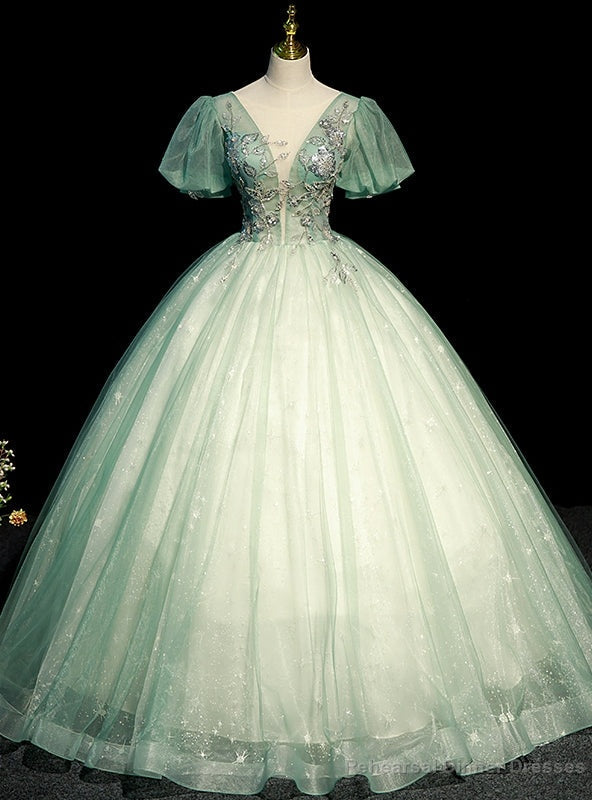 Green Tulle Puff Sleeve Sequins Beading Quinceanera Dresses Main image
