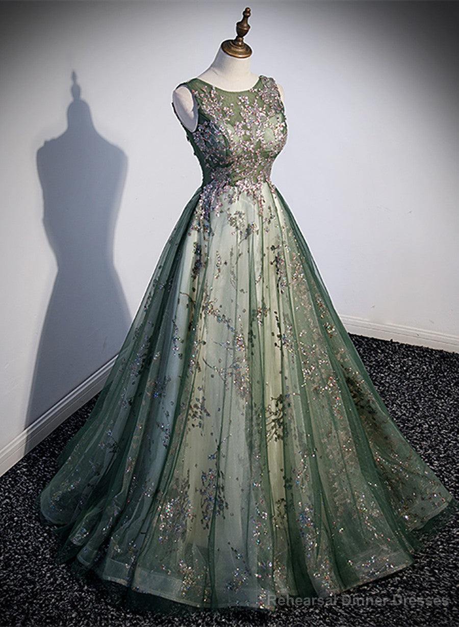 Green Tulle Round Neckline Long Party Dress, Green Lace Prom Dress Main image