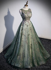 Green Tulle Round Neckline Long Party Dress, Green Lace Prom Dress