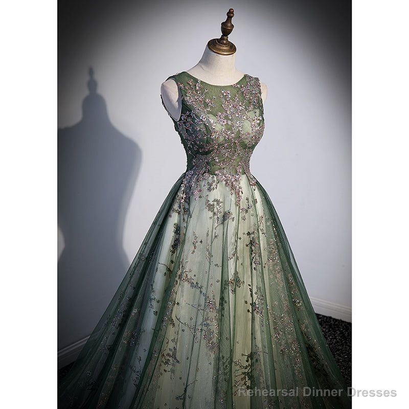 Green Tulle Round Neckline Long Party Dress, Green Lace Prom Dress