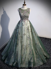 Green Tulle Round Neckline Long Party Dress, Green Lace Prom Dress