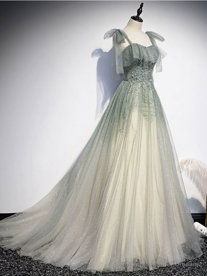 Green tulle sequin beads long prom dress, green tulle formal dress Secondary image