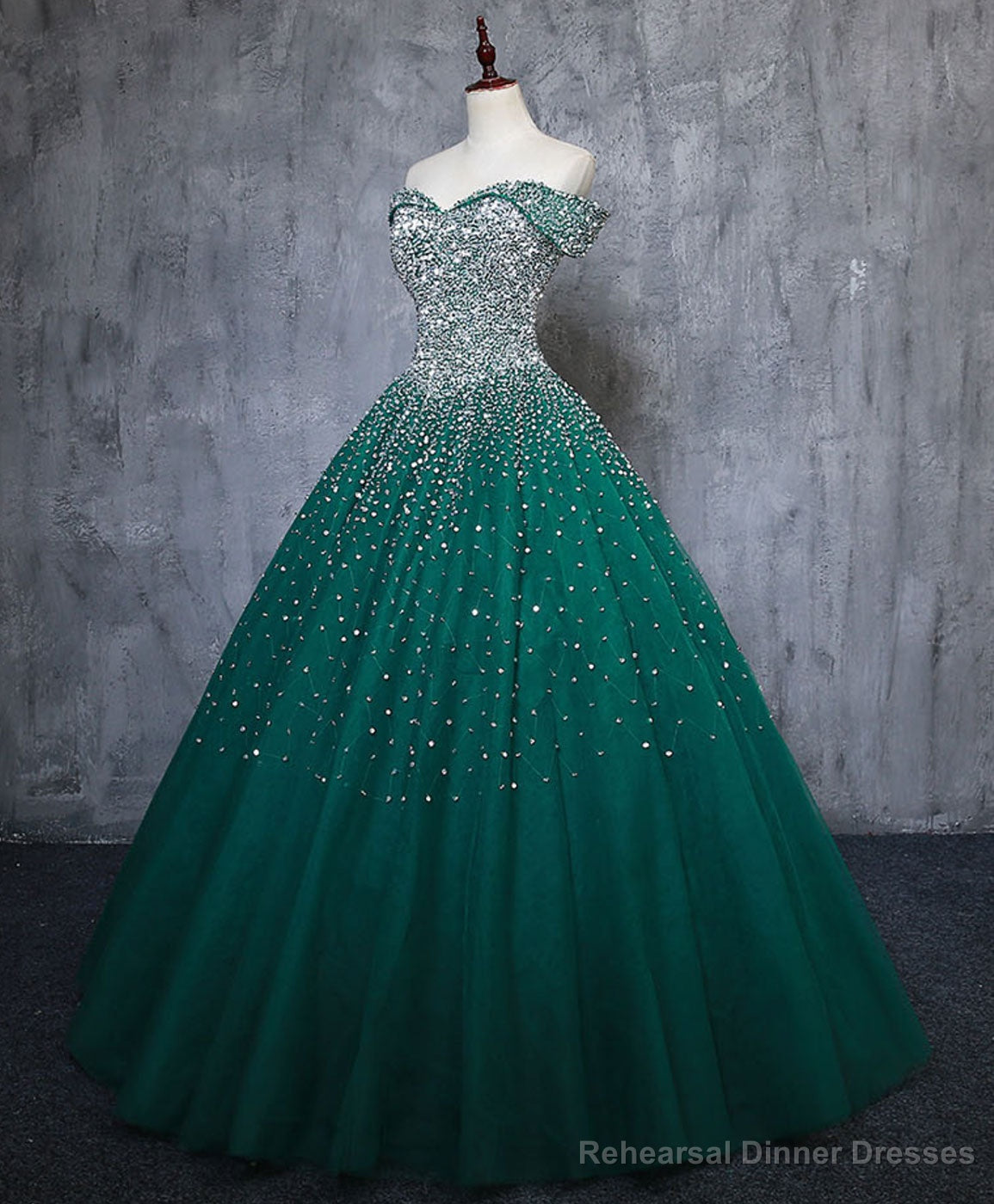 Green Tulle Sequin Long Prom Gown, Green Sequin Sweet 16 Dress Main image