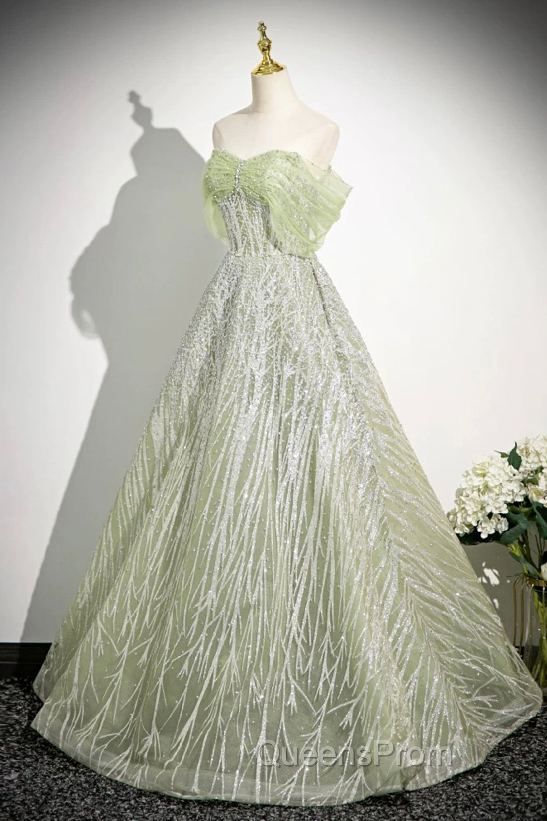Green Tulle Sequins Long Evening Prom Dress, Beautiful Off The Shoulder Party Dress
