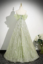 Green Tulle Sequins Long Evening Prom Dress, Beautiful Off The Shoulder Party Dress