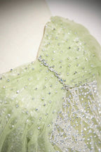 Green Tulle Sequins Long Evening Prom Dress, Beautiful Off The Shoulder Party Dress