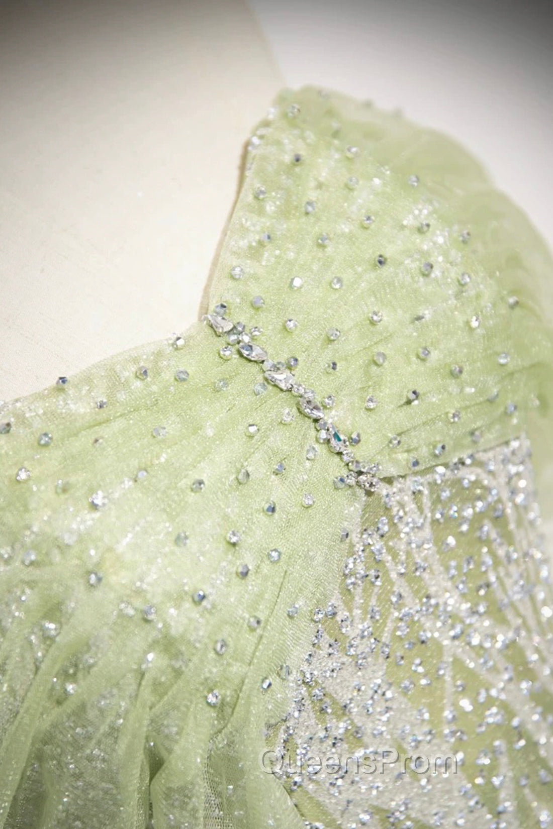 Green Tulle Sequins Long Evening Prom Dress, Beautiful Off The Shoulder Party Dress