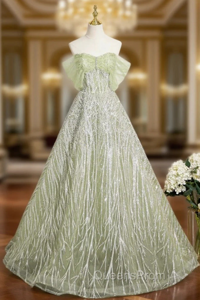 Green Tulle Sequins Long Evening Prom Dress, Beautiful Off The Shoulder Party Dress Main image