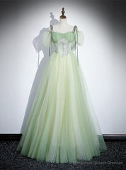 Green Tulle Short Sleeve Pleats Prom Dress