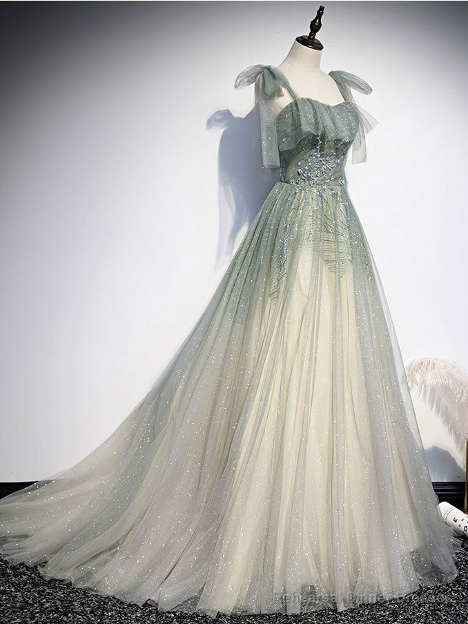 Green Tulle Straps A-line Beaded Long Prom Dress, Green Evening Party Dress Main image