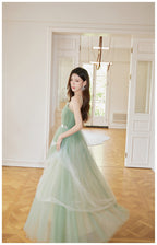 Green Tulle Straps Long Classy Prom Dress, Light Green A-Line Floor Length Party Dress