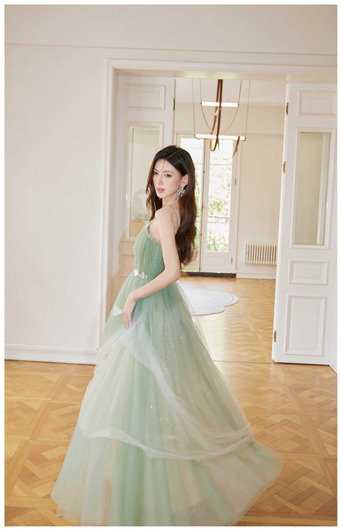 Green Tulle Straps Long Classy Prom Dress, Light Green A-Line Floor Length Party Dress