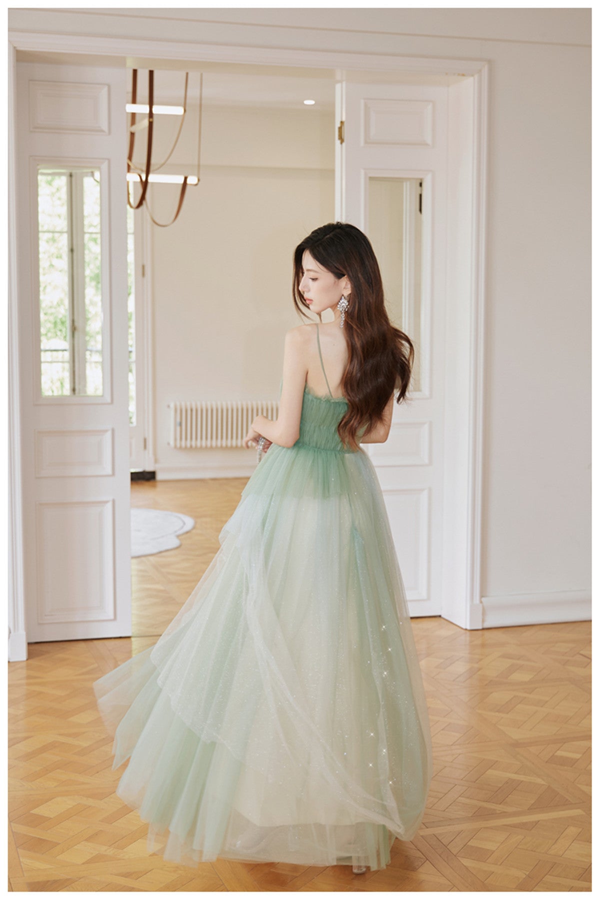 Green Tulle Straps Long Classy Prom Dress, Light Green A-Line Floor Length Party Dress
