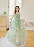 Green Tulle Straps Long Classy Prom Dress, Light Green A-Line Floor Length Party Dress