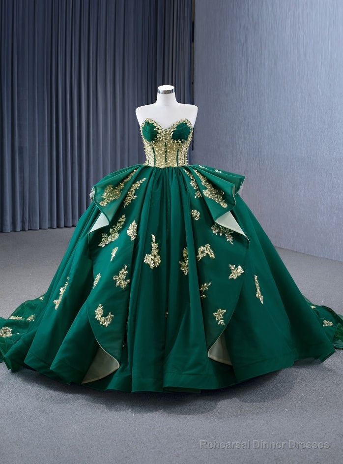 Green Tulle Sweetheart Gold Appliques Pearls Prom Dress Main image
