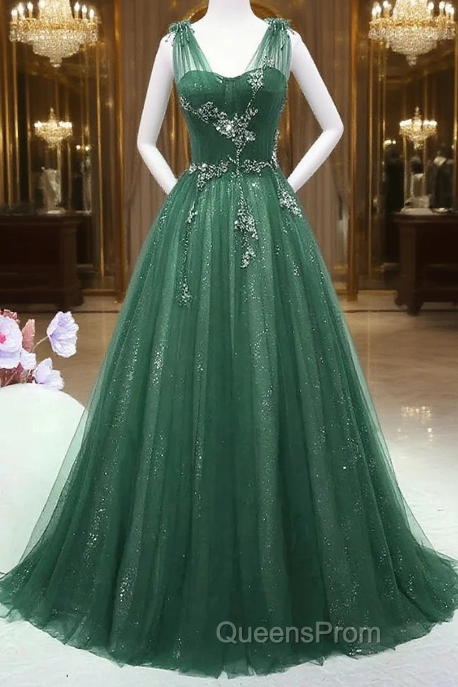 Green Tulle V Neck Beading Appliques Evening Prom Dress Main image