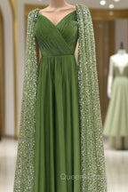 Green Tulle V-Neck Dress With Beaded Cape