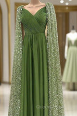 Green Tulle V-Neck Dress With Beaded Cape