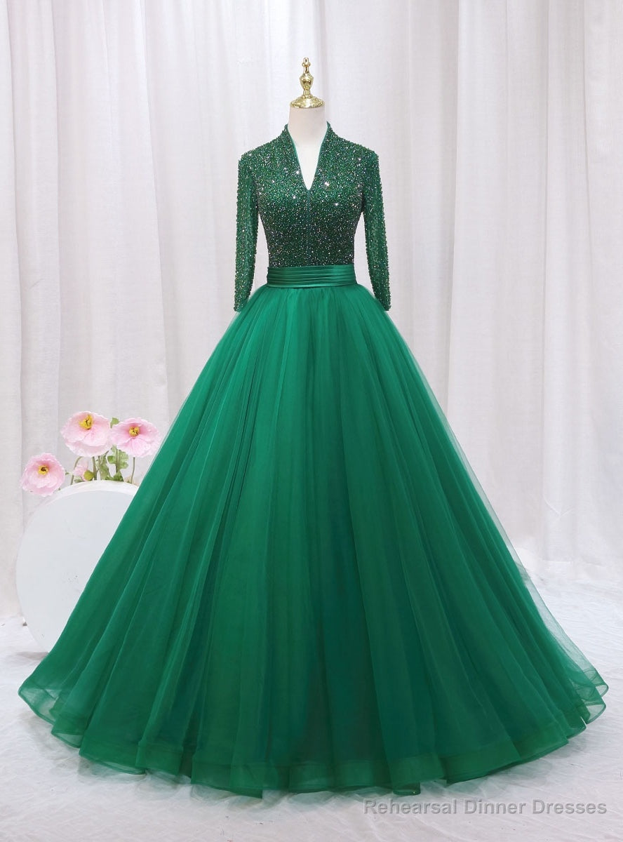 Green Tulle V-neck Long Sleeve Backless Beading Prom Dress Main image