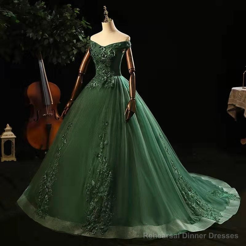 Green Tulle with Lace Applique Long Prom Dress, Green Sweet 16 Dresses Main image