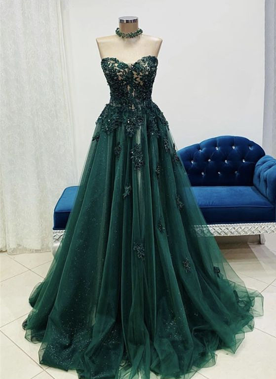 Green Tulle With Lace Applique Sweetheart Long Classy Dress, Green Classy Evening Gown Main image