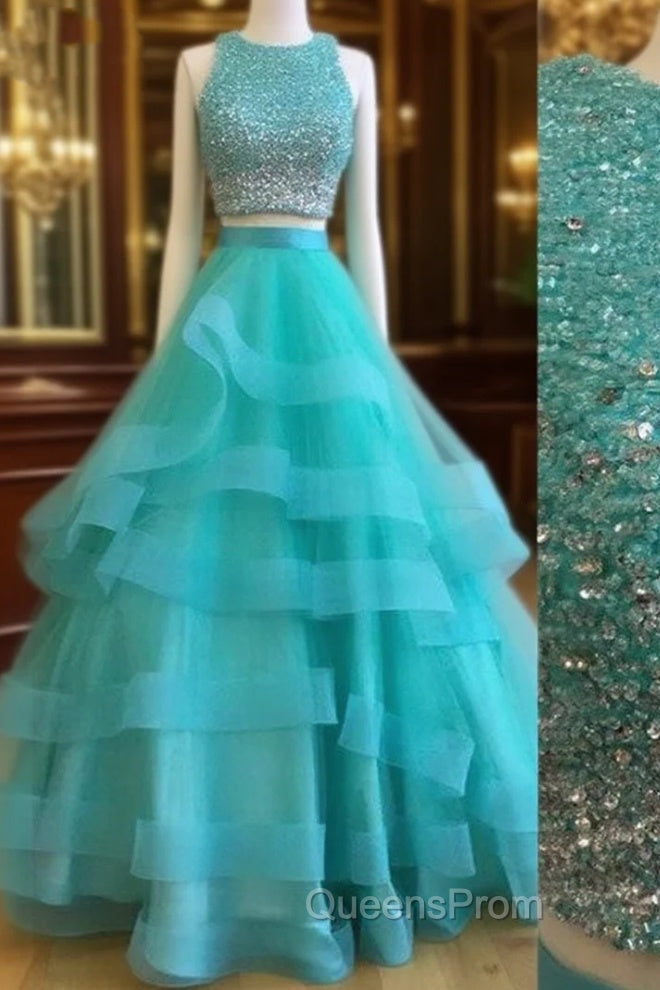 Green Two Pieces Sequin Long Evening Prom Gown, Green Evening Dress Main image