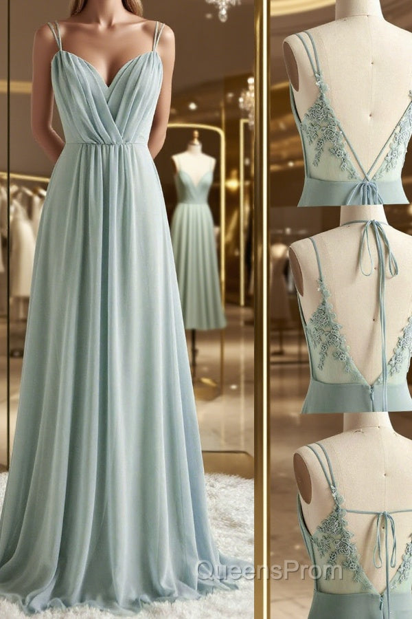 Green V Neck Chiffon Evening Prom Dress with Lace Back, Green V Neck Long Formal Evening Dress Main image