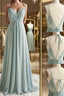 Green V Neck Chiffon Evening Prom Dress with Lace Back, Green V Neck Long Formal Evening Dress