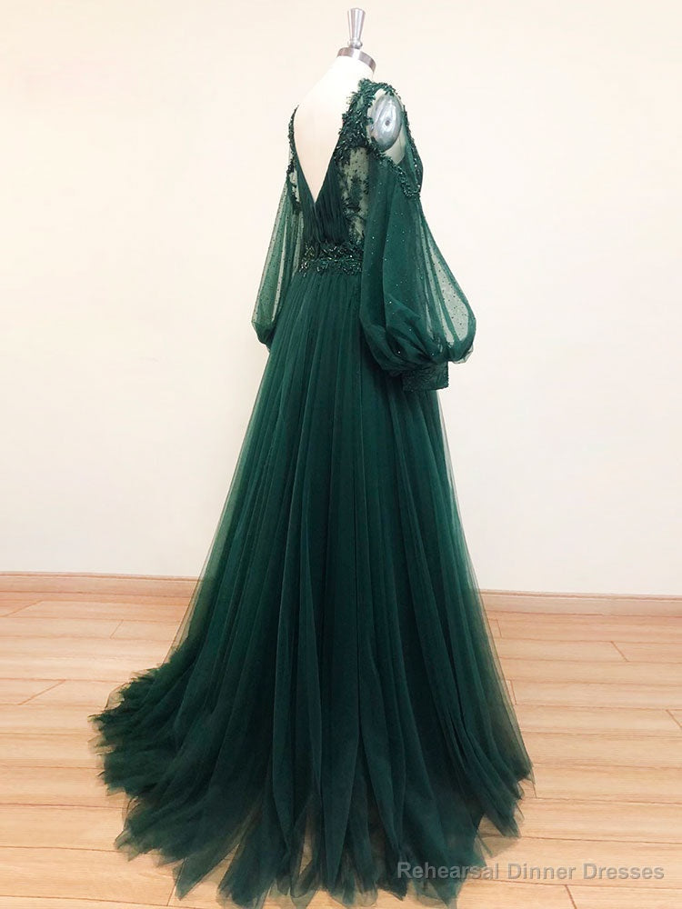 Green V Neck Lace A line Long Prom Dress,Tulle Evening Dresses Long Sleeve Secondary image