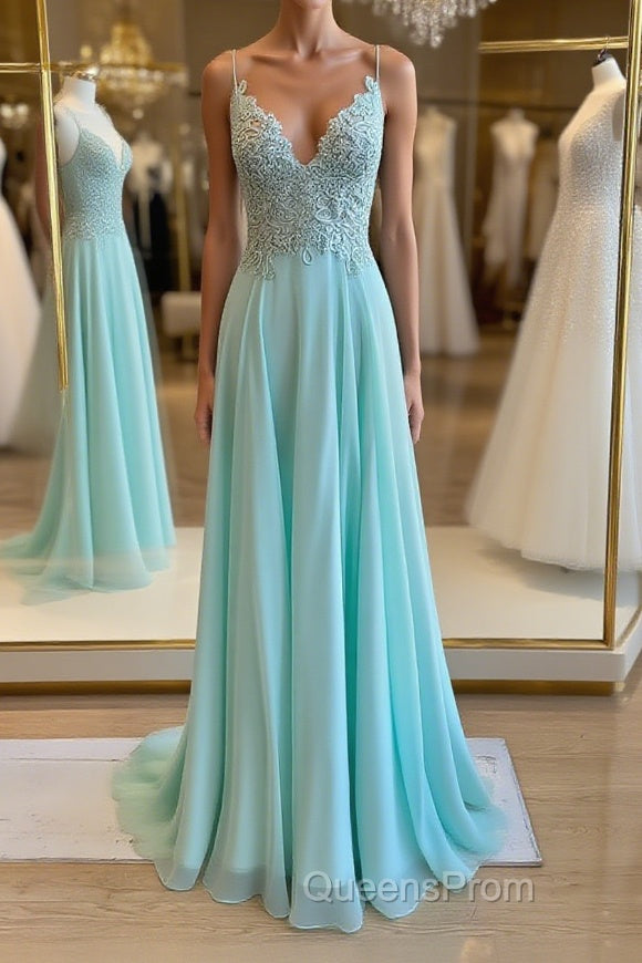 Green v neck lace chiffon long Evening Prom Dress, lace evening Dress Main image