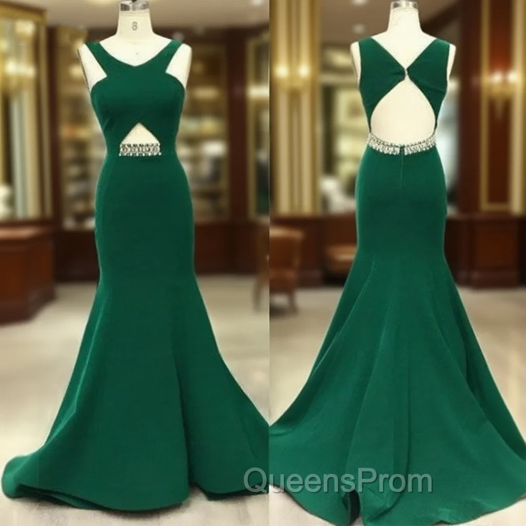 Green V Neck Mermaid Long Evening Prom Dress, Green Evening Dress For Teens Main image