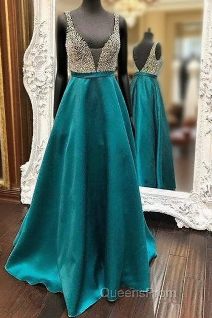 Green V Neck Sequin Long Evening Prom Dress, Green Evening Dress Main image