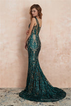 V-Neck Sequins Mermaid Sleeveless Lace-up Prom Dresses