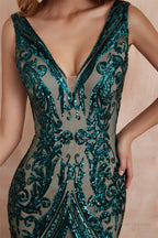 V-Neck Sequins Mermaid Sleeveless Lace-up Prom Dresses