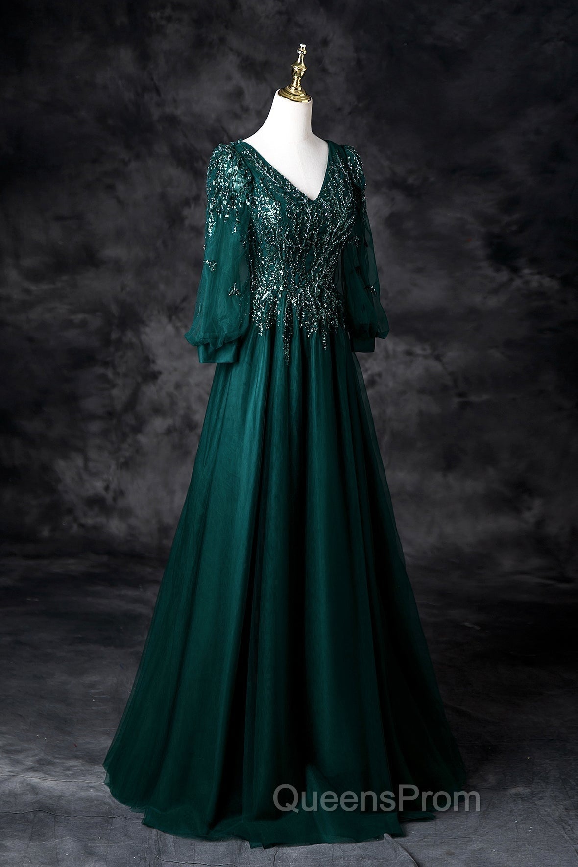 Green V-Neck Tulle Beads Long Evening Prom Dress, Elegant Long Sleeve Evening Party Dress Secondary image